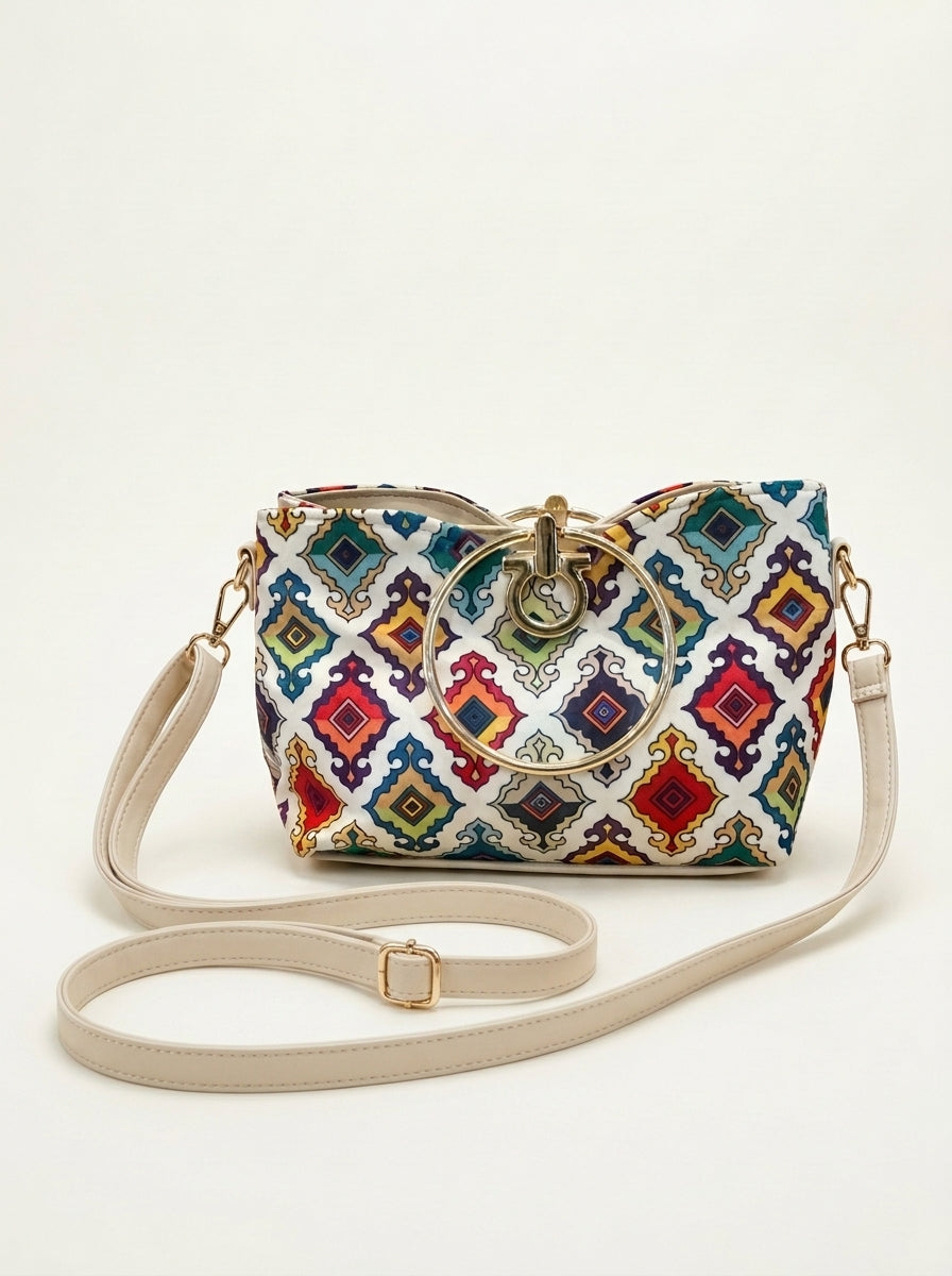 Ethnic Printed Ring Handle Handbag