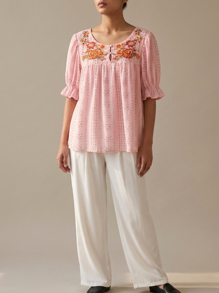 Floral Embroidered Keyhole Top