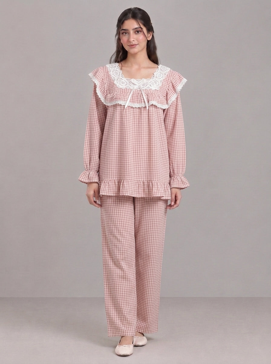 Lace-Trimmed Plaid Lounge Set