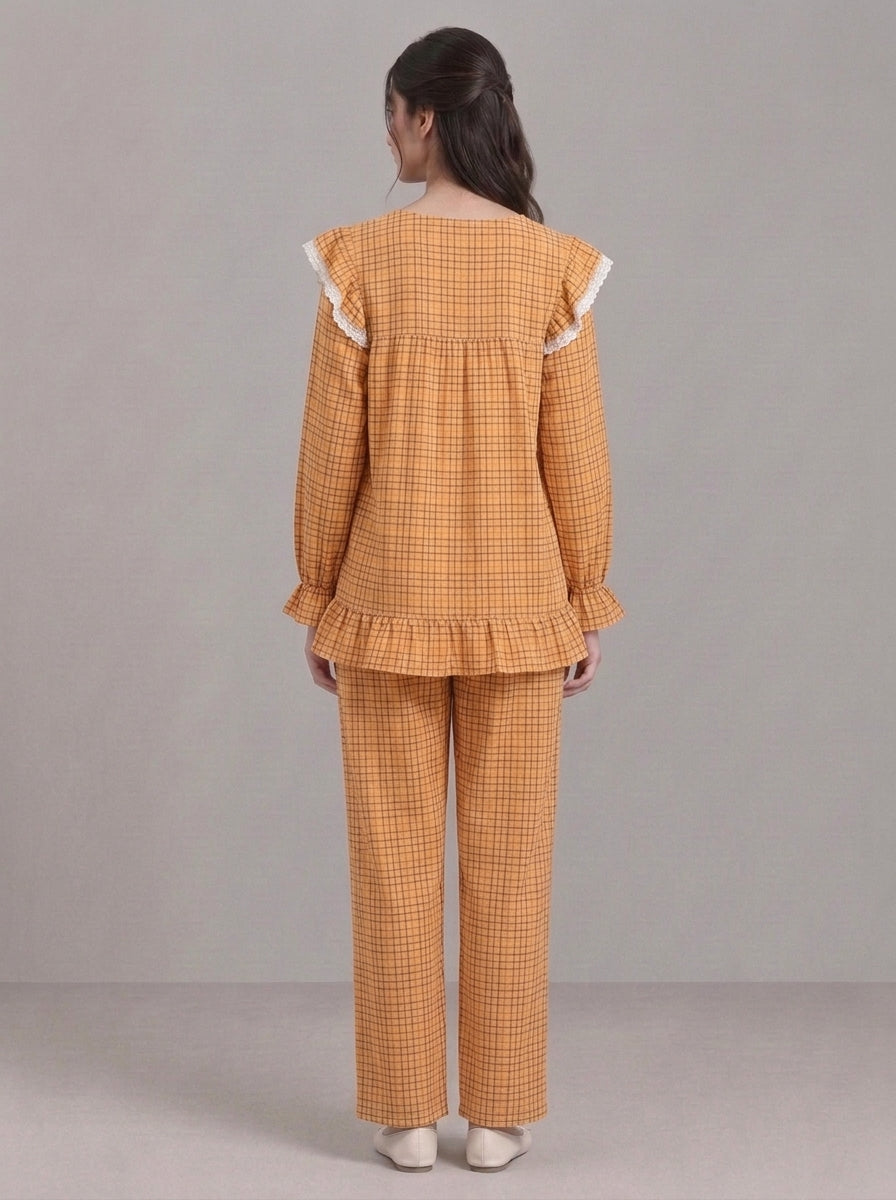 Lace-Trimmed Plaid Lounge Set