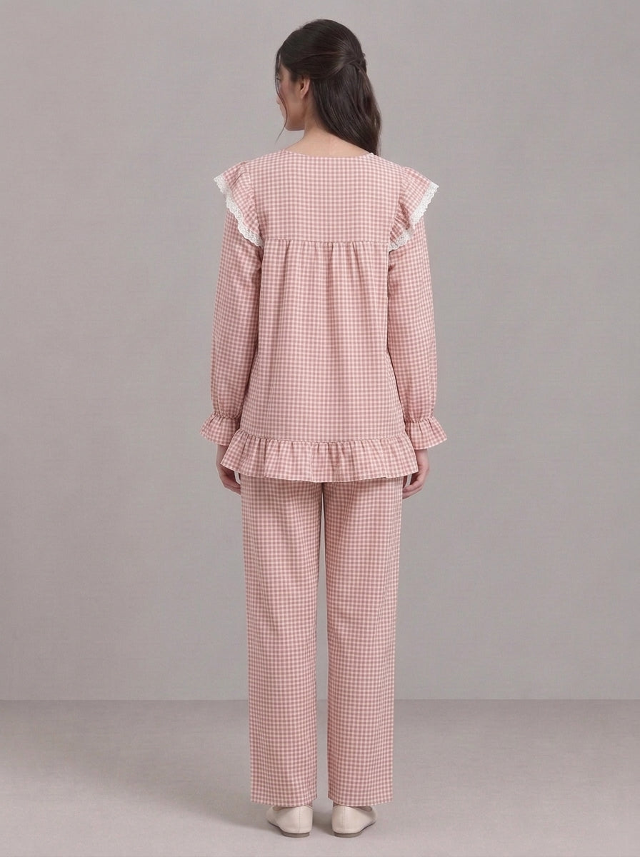 Lace-Trimmed Plaid Lounge Set