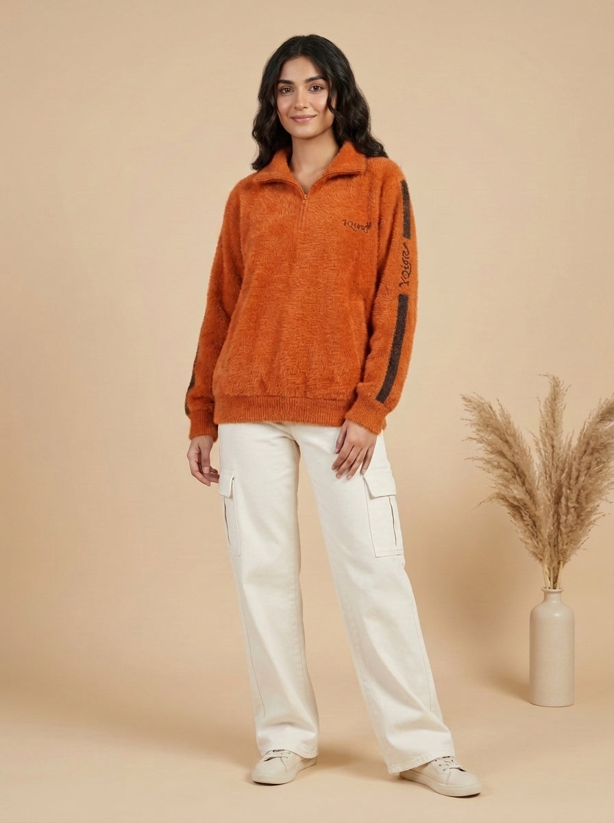 Plush Zip-Front Fleece Jacket with Side Stripe Sleeves
