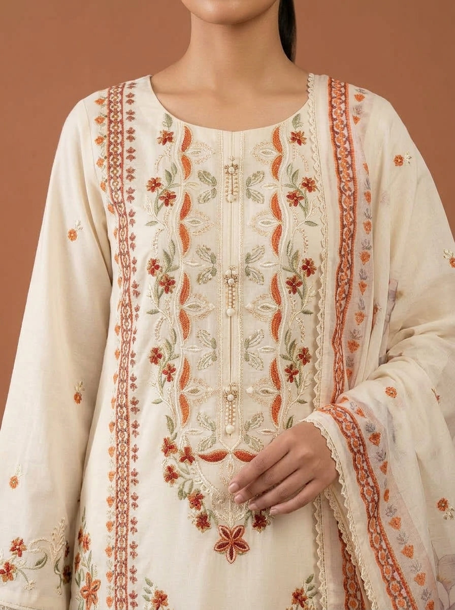 Embroidered 3-Piece Suit Set with Floral Dupatta