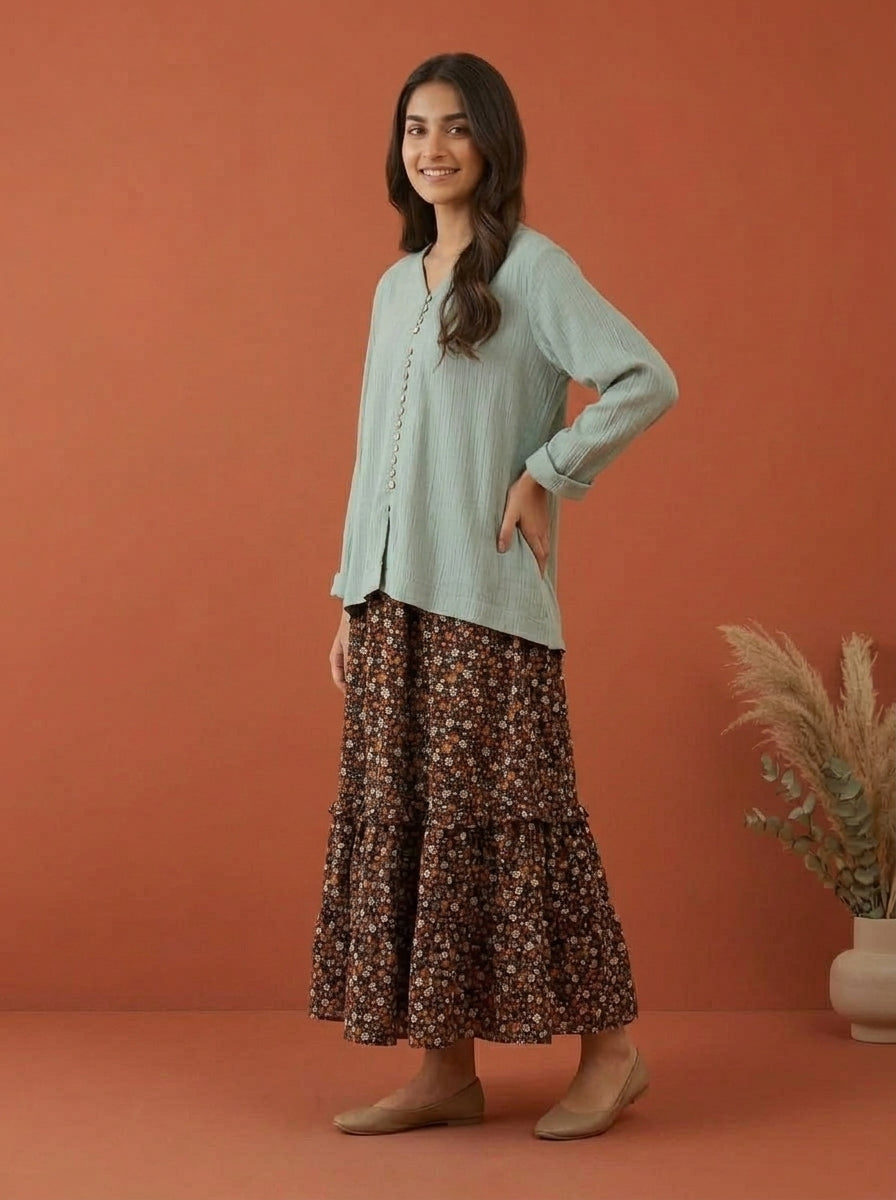 Textured Blouse & Ditsy Floral 2-Piece Co-ord Set