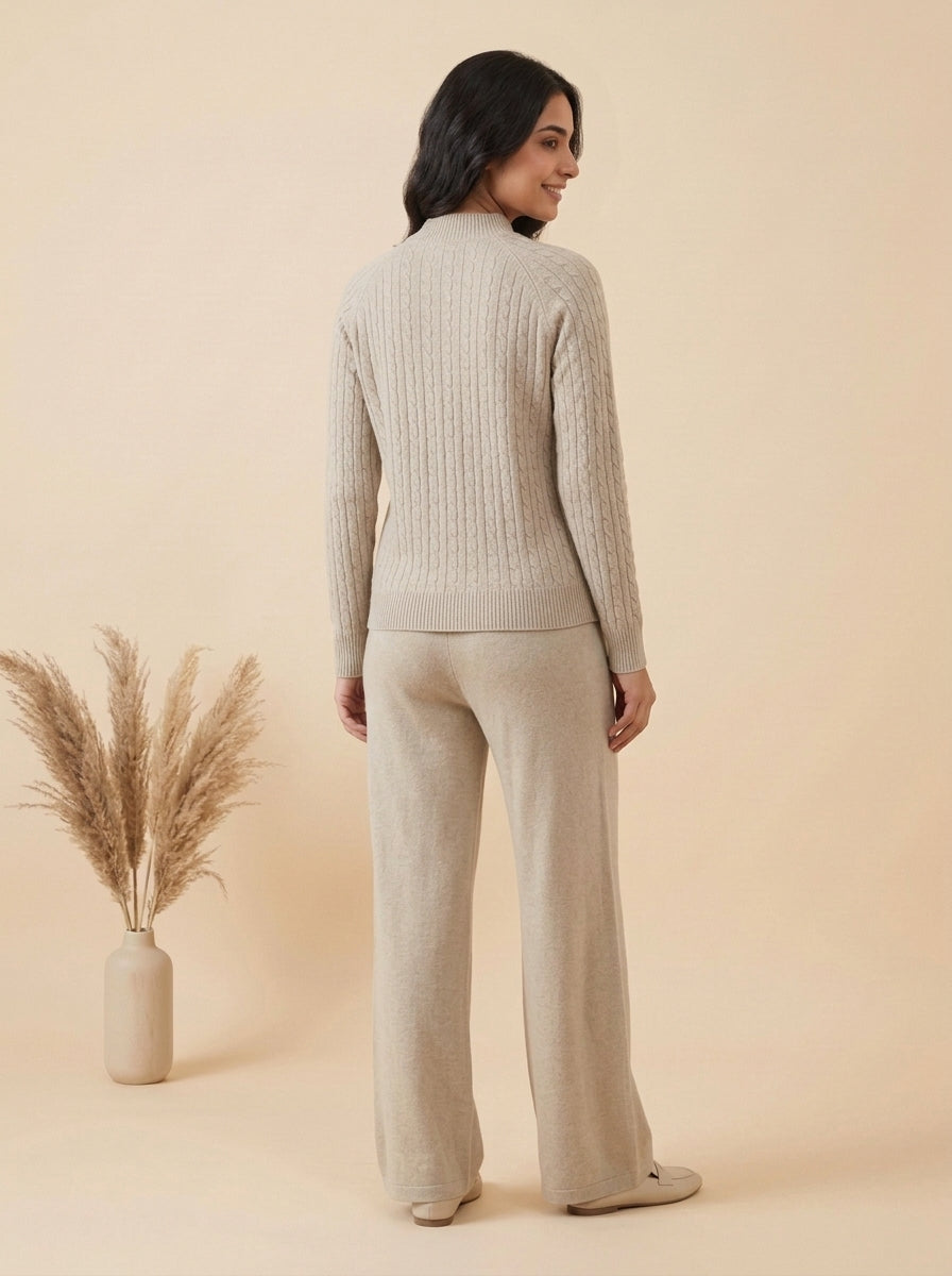 Cable-Knit Mock Neck Sweater & Drawstring Wide-Leg Trouser 2-Piece Co-ord Set