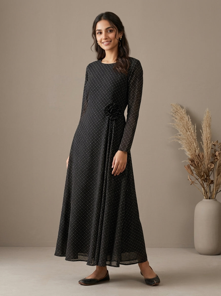 Patterned Rosette-Detail Maxi Dress