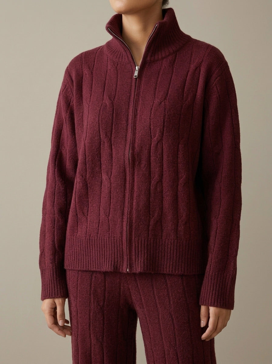Cable-Knit High-Neck Zip Jacket with Matching Trousers Set
