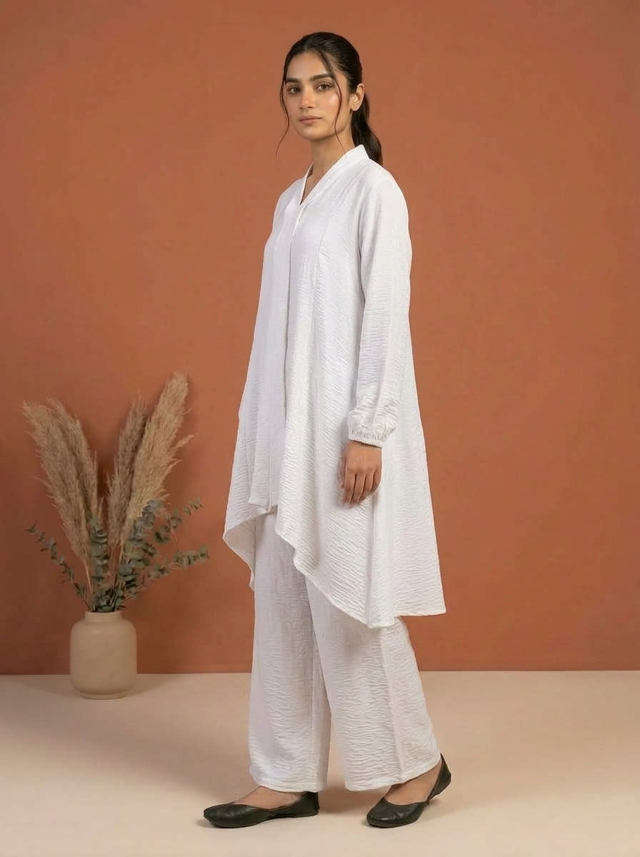 Asymmetric V-Neck Textured Co-Ord Set