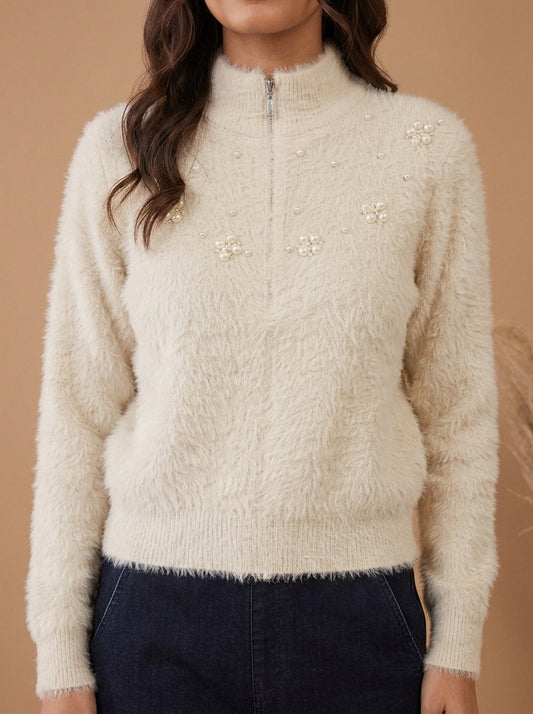 Pearl & Floral Embellished Fuzzy Knit Zip-Up Sweater