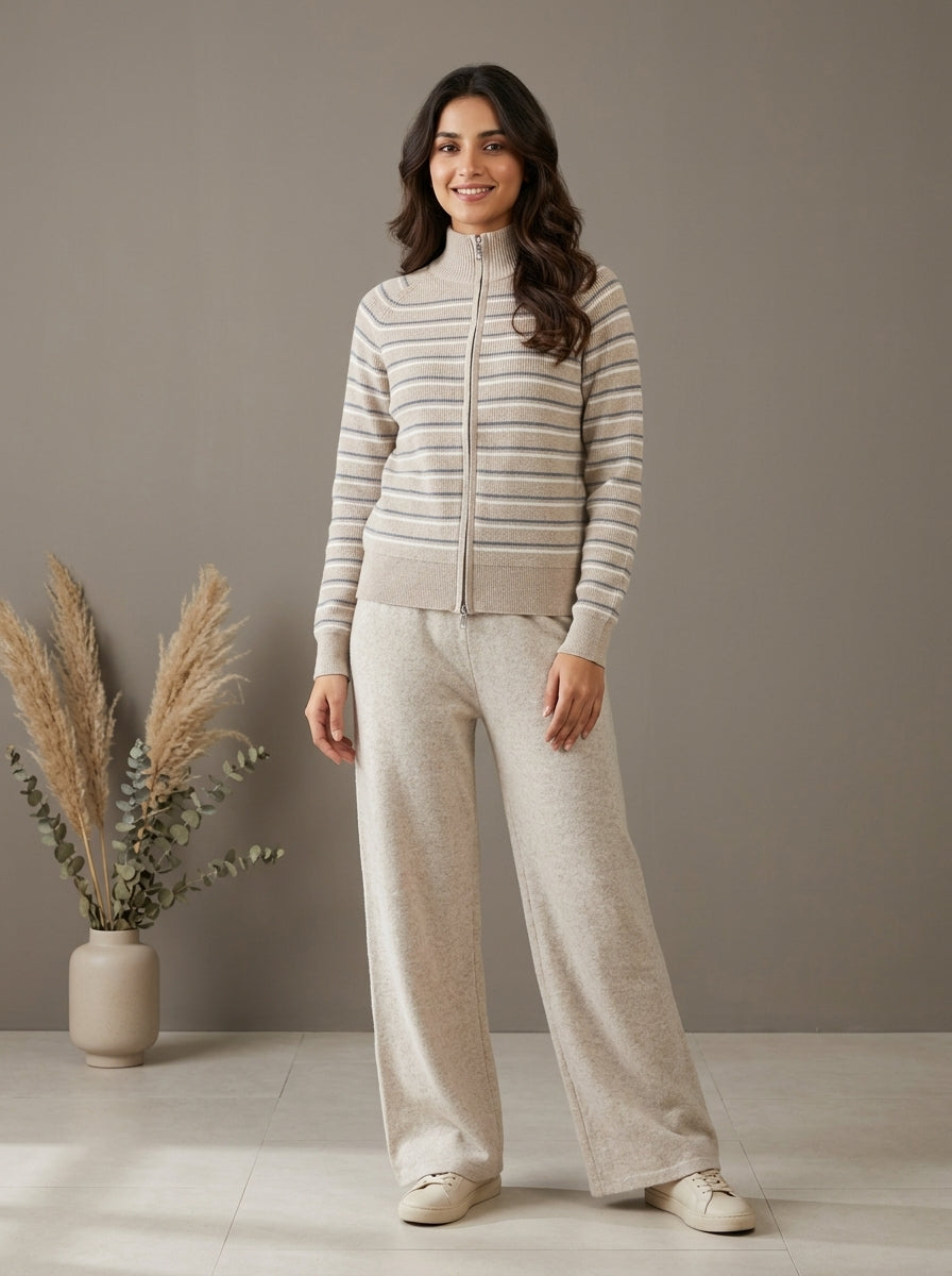 Striped Zip-Front Knit Cardigan with Trousers