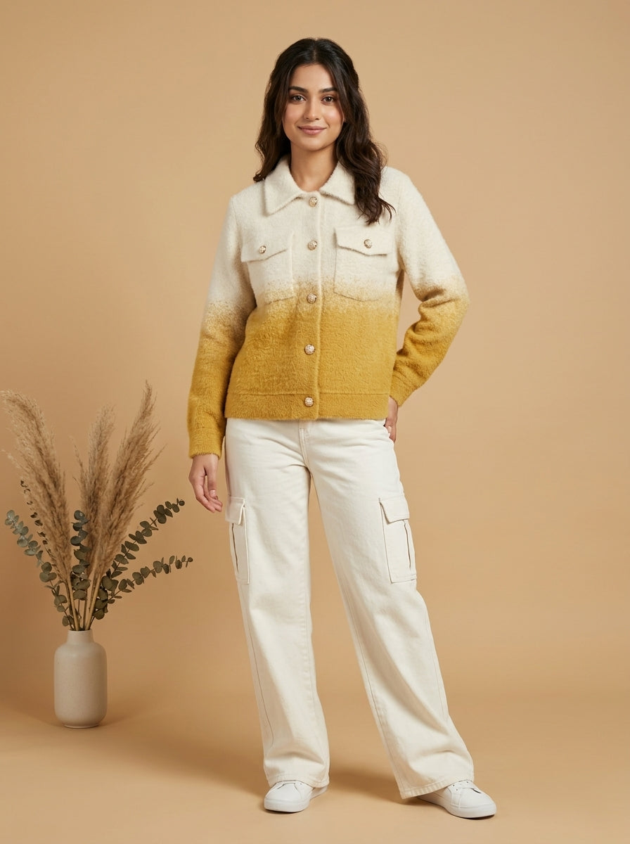 Dual-Tone Knit Button-Front Jacket