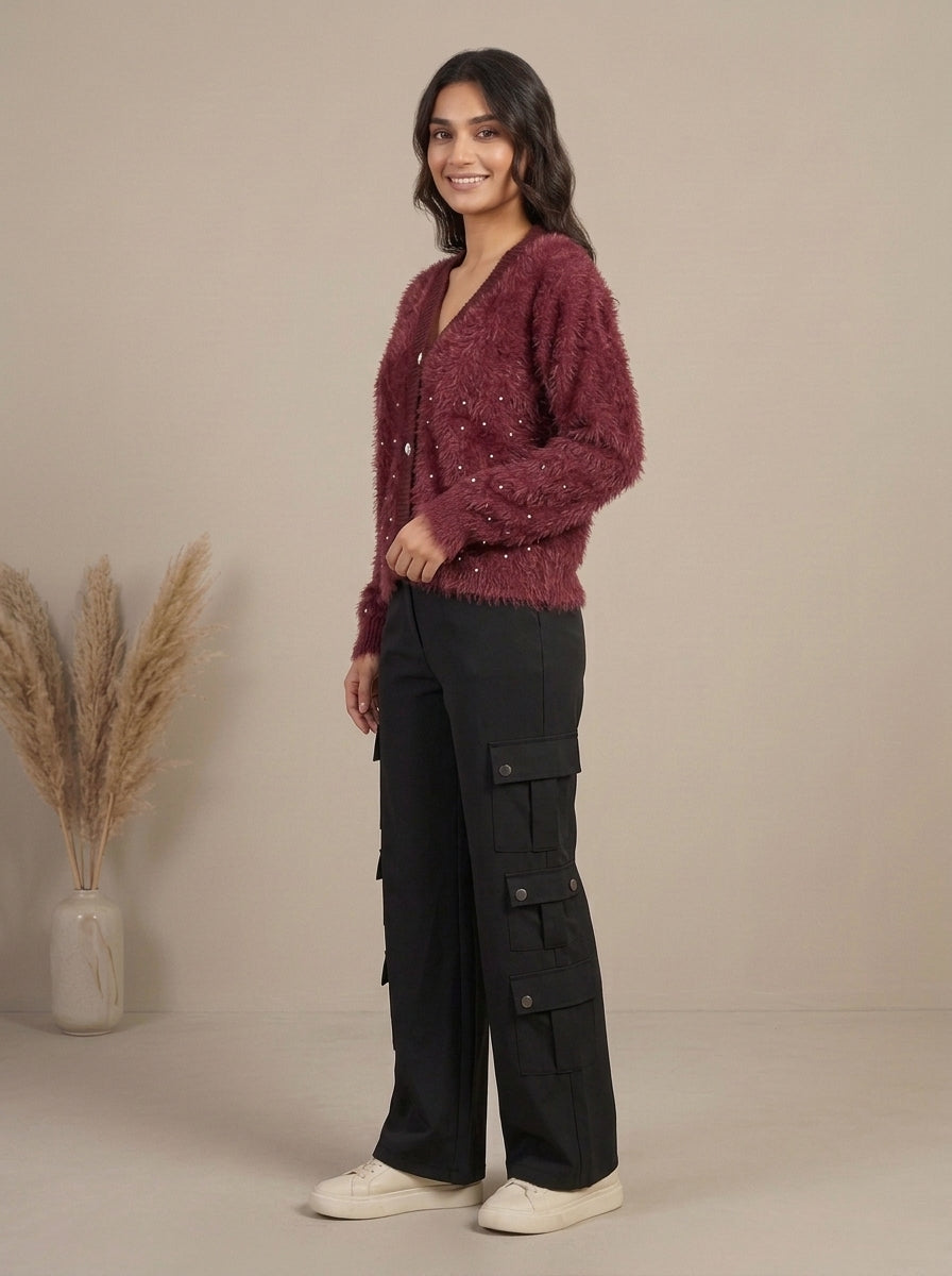 Pearl Embellished Plush Knit Cardigan