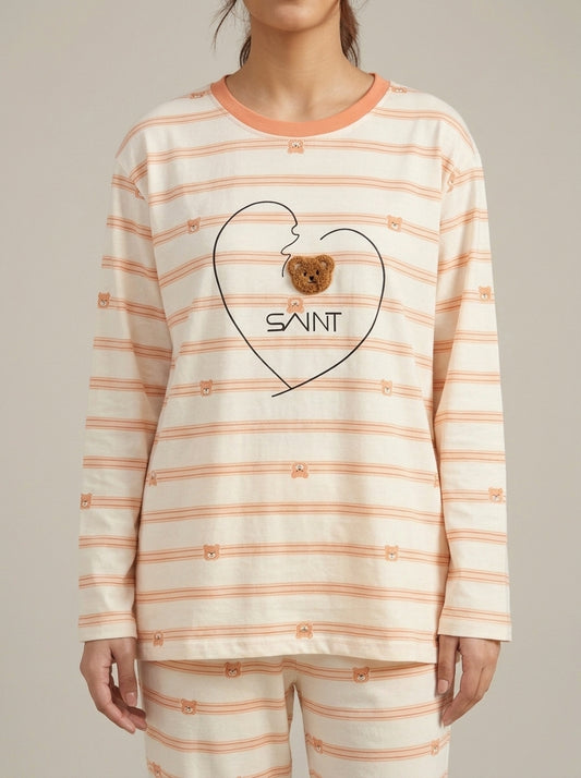 Bear Embellished Striped Lounge Set