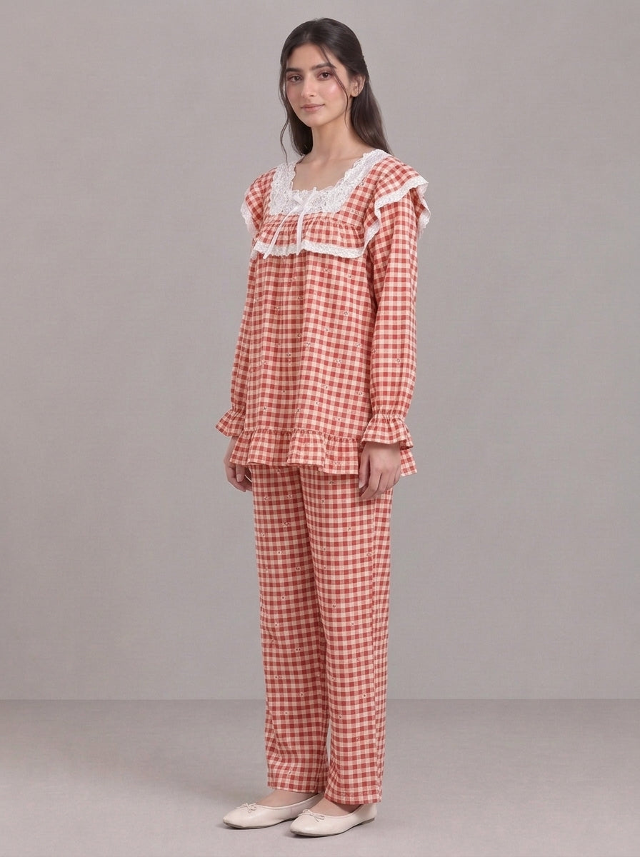 Lace-Trimmed Plaid Lounge Set