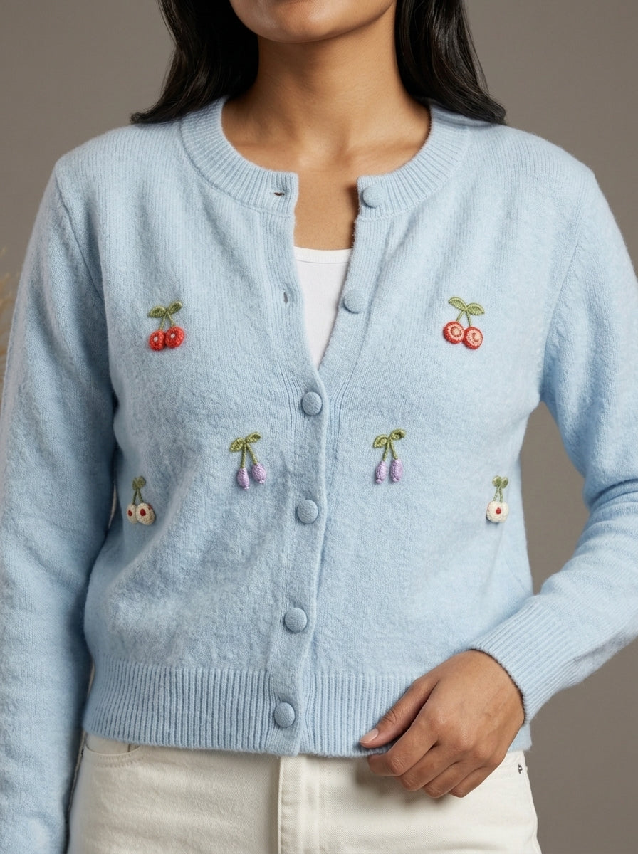 Cherry Embellished Plush Knit Cardigan