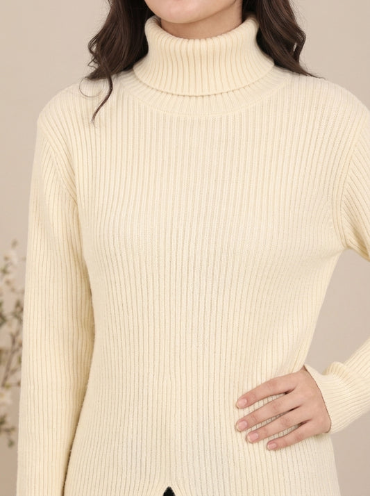 Ribbed Turtleneck Knit Sweater with Front Slit