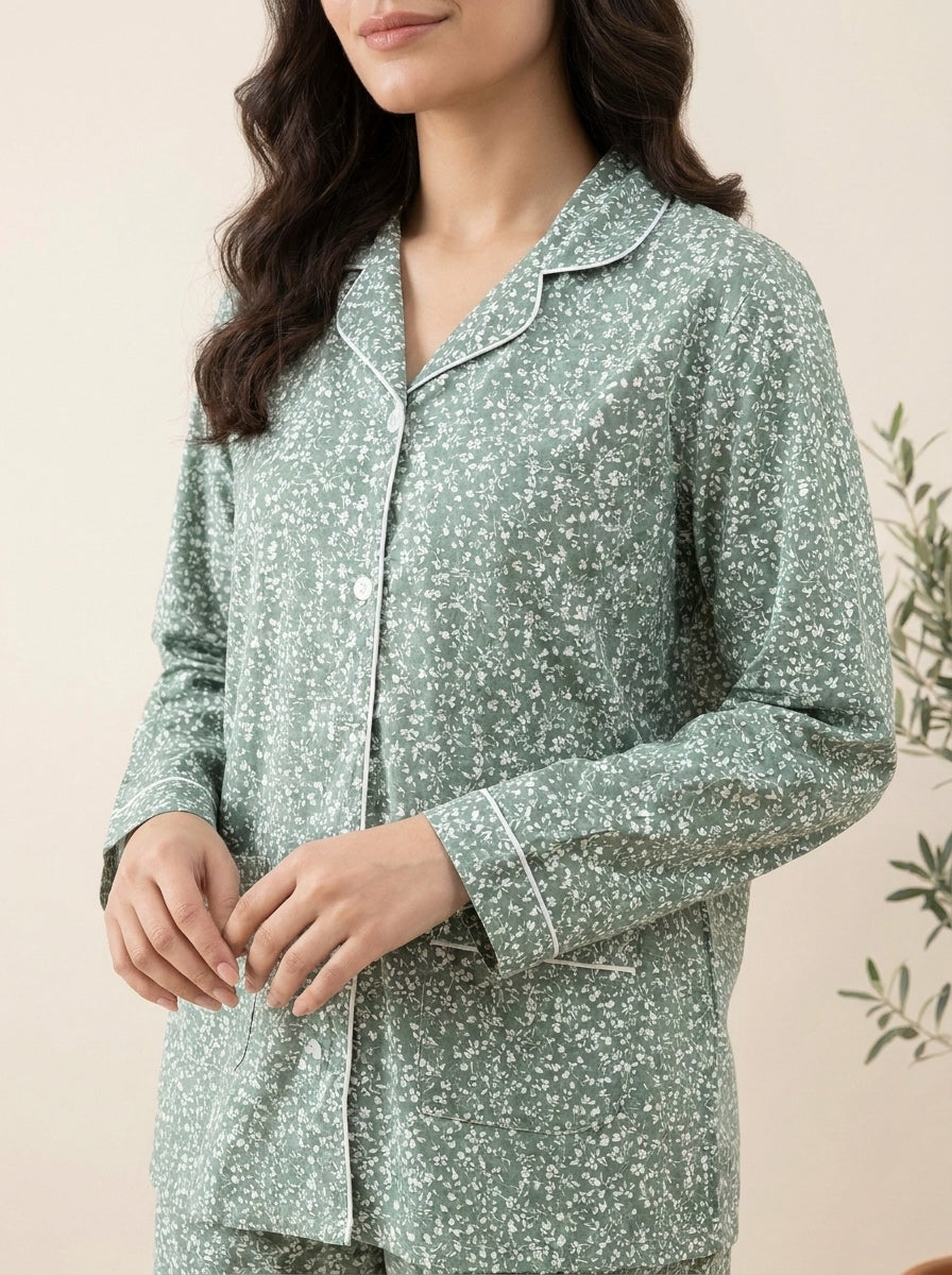 Floral Printed Sleepwear Shirt with Matching Trousers