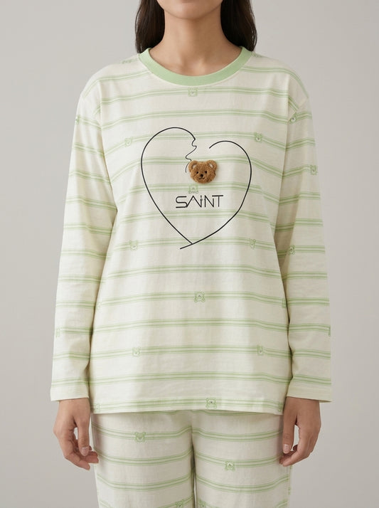 Bear Embellished Striped Lounge Set