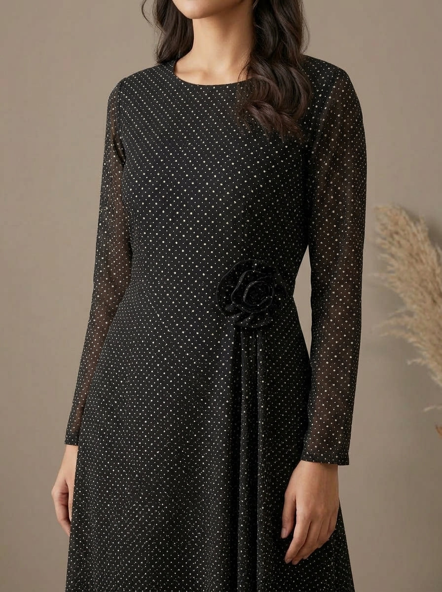 Patterned Rosette-Detail Maxi Dress