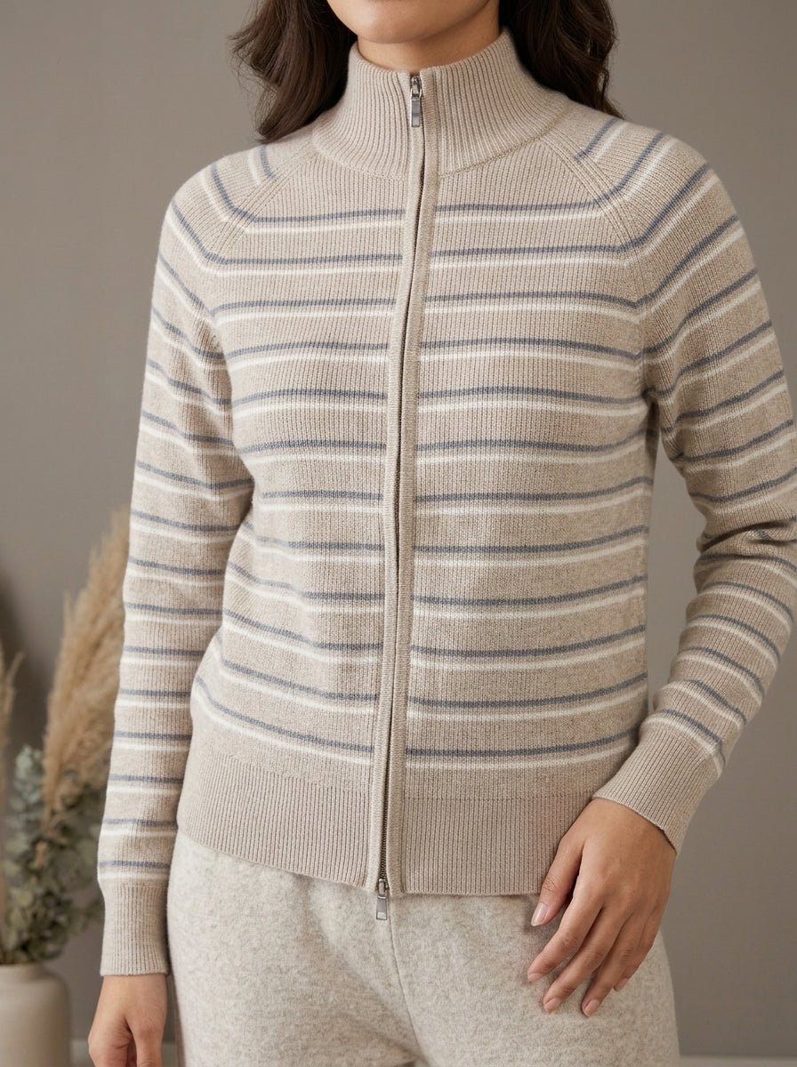 Striped Zip-Front Knit Cardigan with Trousers