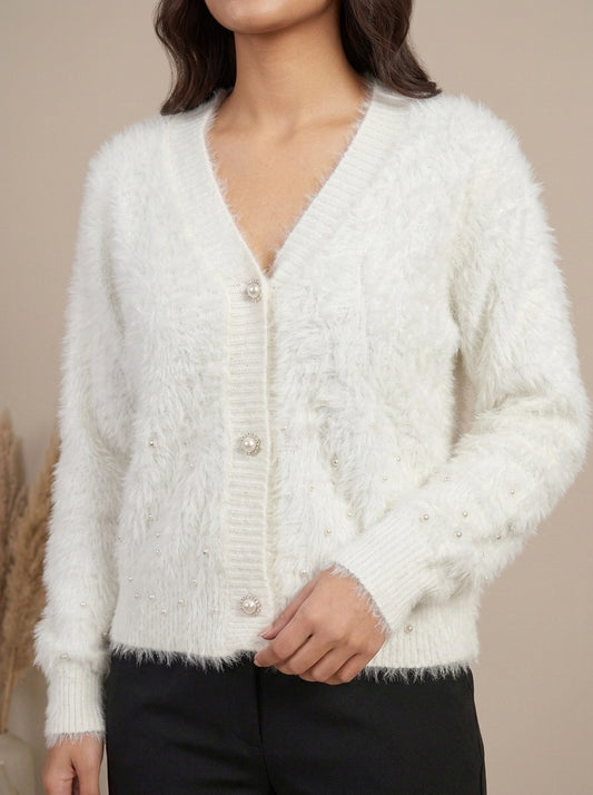Pearl Embellished Plush Knit Cardigan