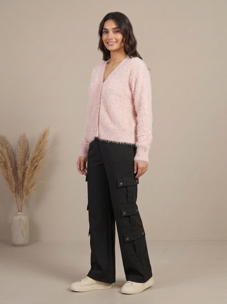 Pearl Embellished Plush Knit Cardigan