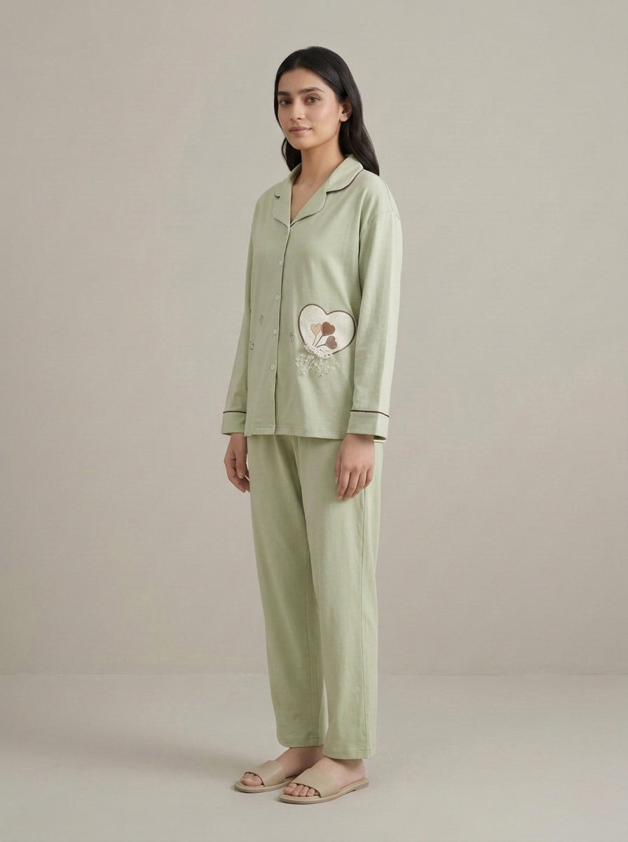 Embellished Sleepwear Shirt with Matching Trousers