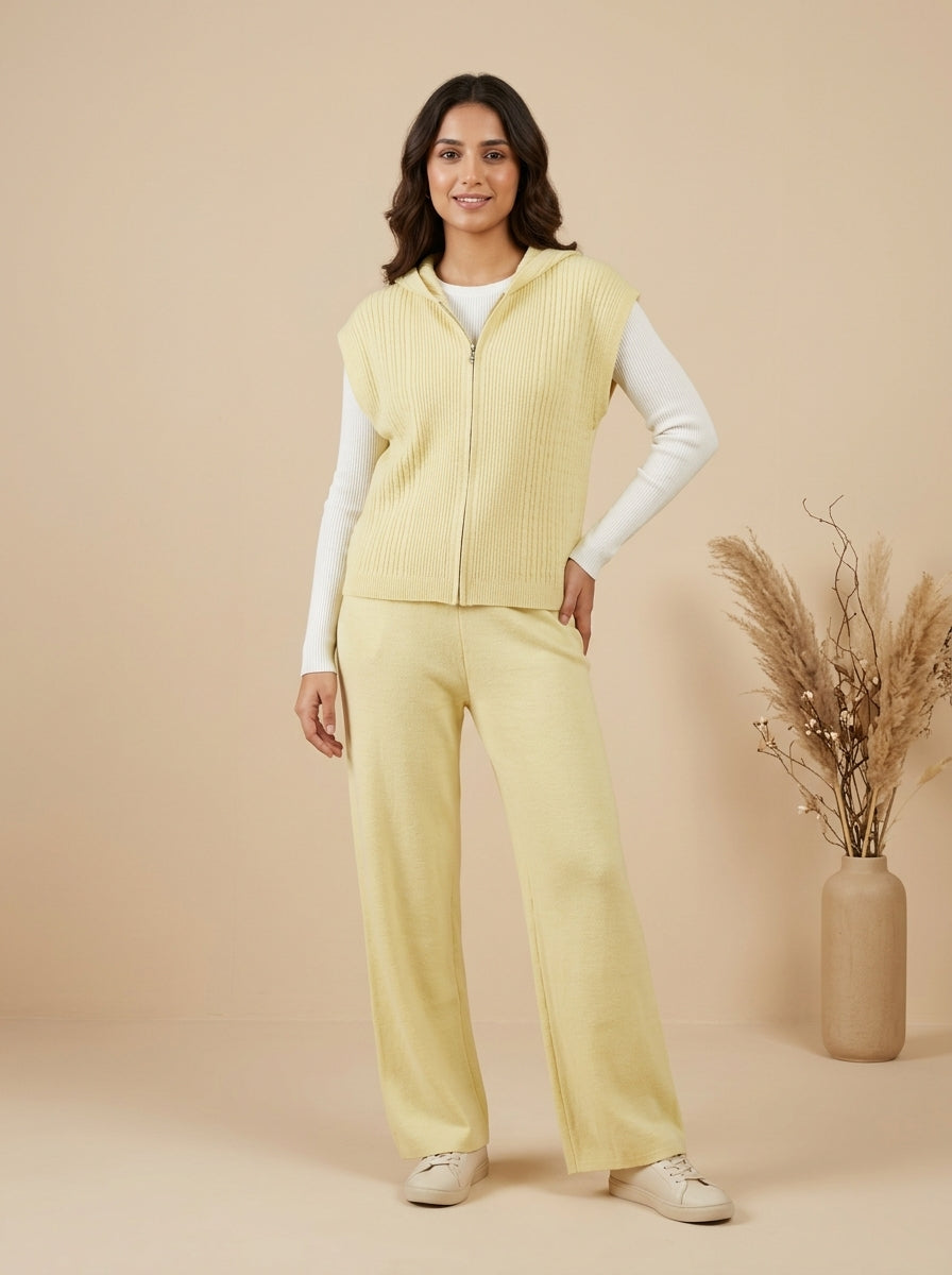 Ribbed Knit Hooded Vest, Inner Top & Wide-Leg Trouser 3-Piece Co-ord Set