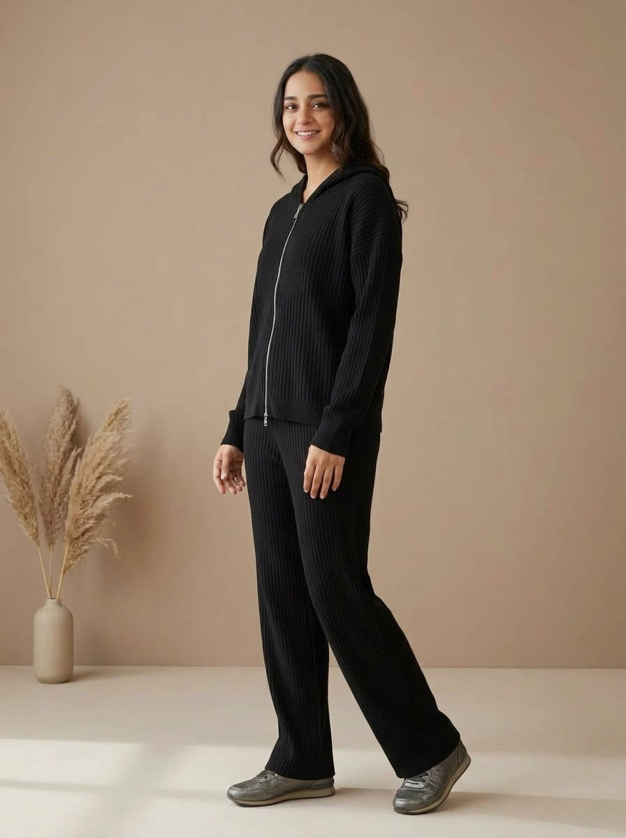 Ribbed Knit Hooded Vest, Inner Top & Wide-Leg Trouser 3-Piece Co-ord Set