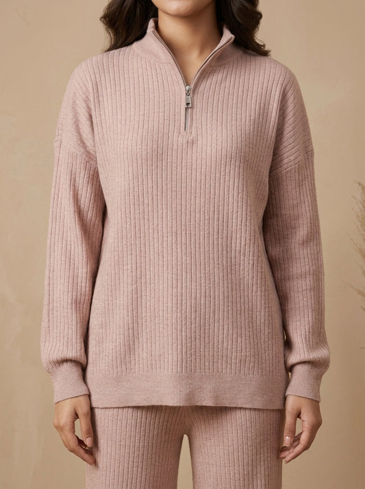 Ribbed Knit Half-Zip Pullover with Trousers