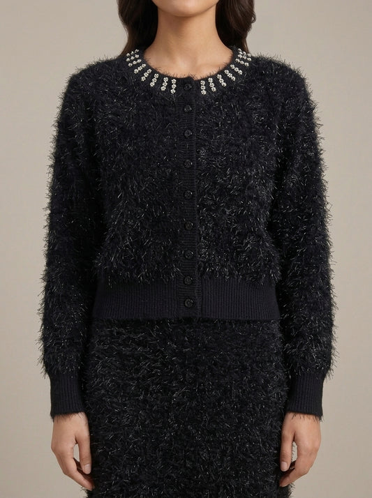Embellished Feather-Effect Cardigan with Matching Bottom Wear
