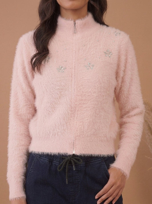 Pearl & Floral Embellished Fuzzy Knit Zip-Up Sweater