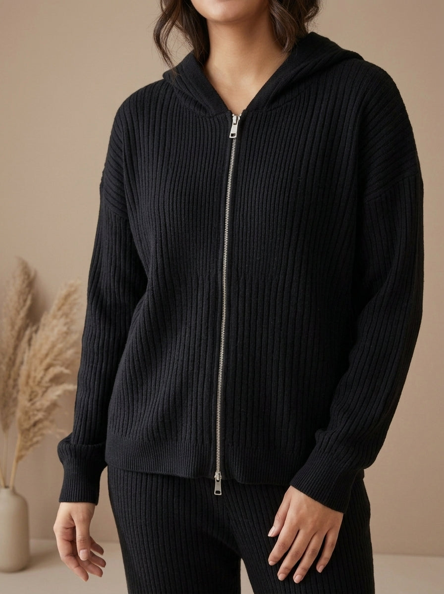 Ribbed Knit Hooded Vest, Inner Top & Wide-Leg Trouser 3-Piece Co-ord Set