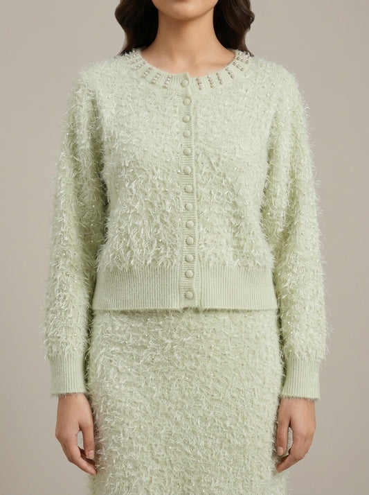 Embellished Feather-Effect Cardigan with Matching Bottom Wear
