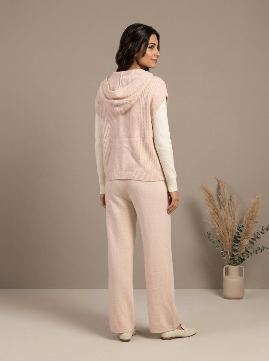 Ribbed Knit Hooded Vest, Inner Top & Wide-Leg Trouser 3-Piece Co-ord Set
