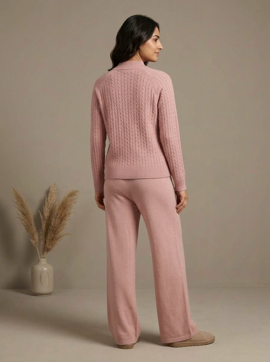 Cable-Knit Mock Neck Sweater & Drawstring Wide-Leg Trouser 2-Piece Co-ord Set