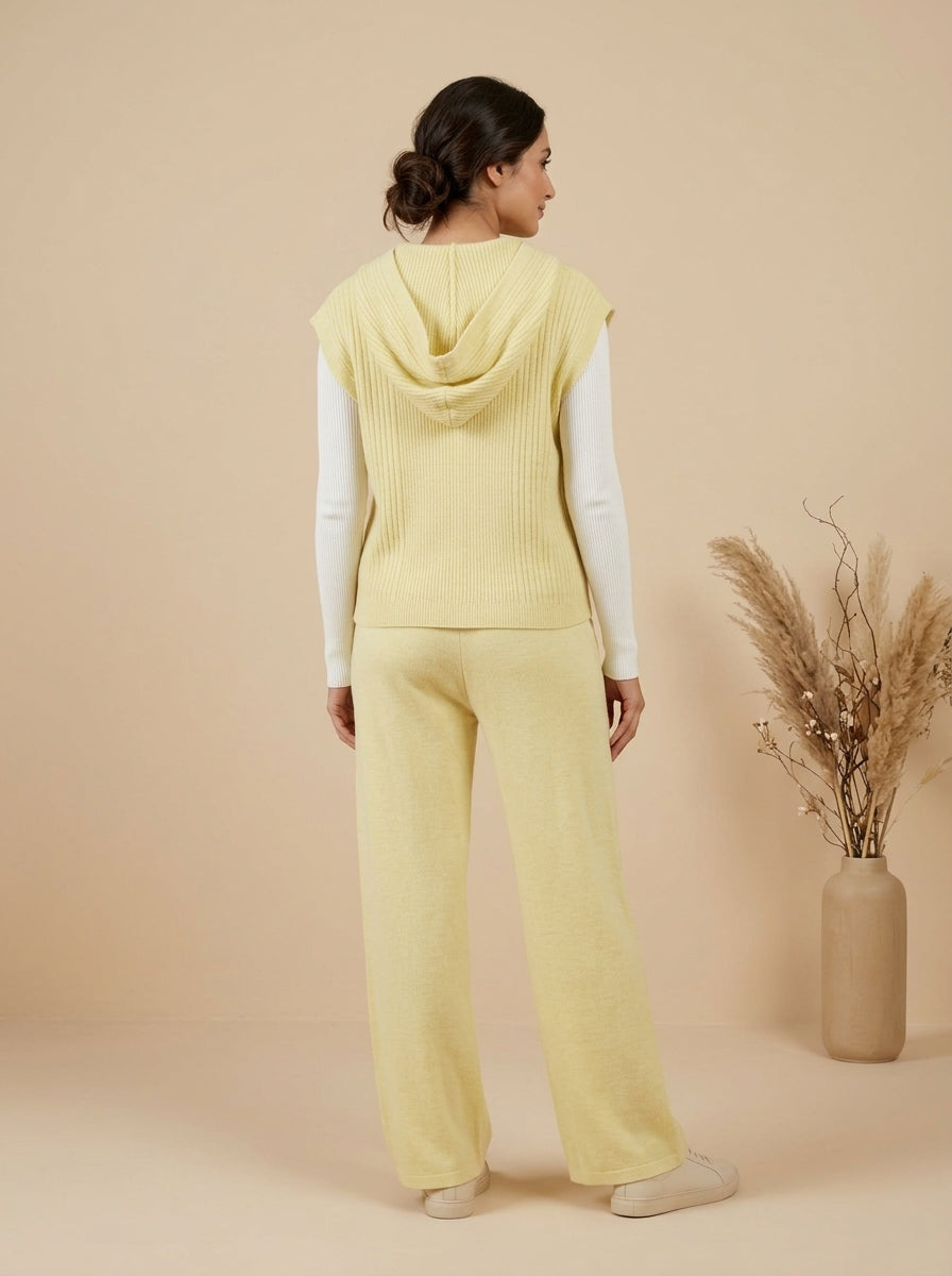 Ribbed Knit Hooded Vest, Inner Top & Wide-Leg Trouser 3-Piece Co-ord Set