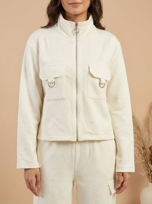 Textured Zip-Front Jacket with Cargo Trousers