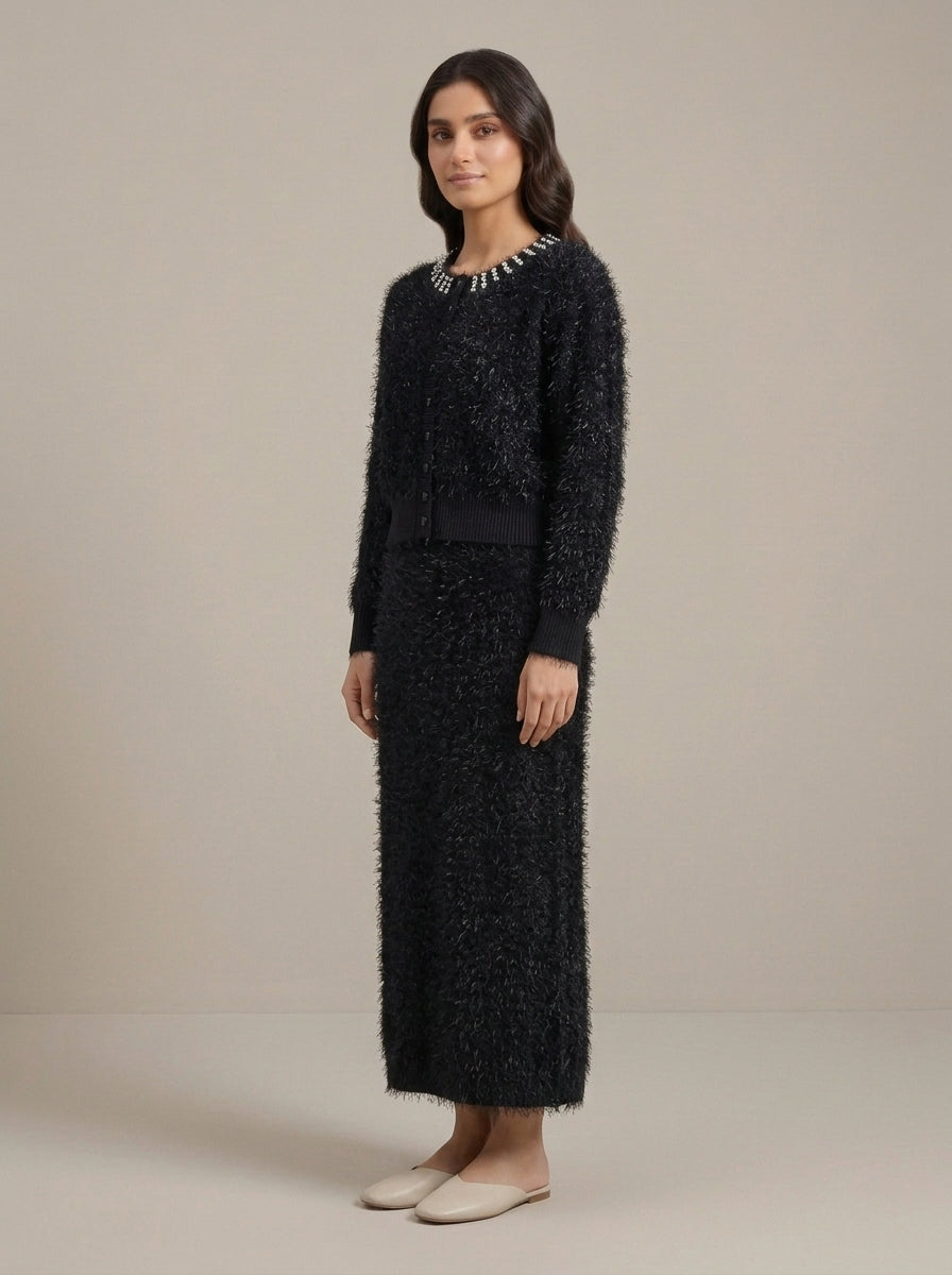 Embellished Feather-Effect Cardigan with Matching Bottom Wear