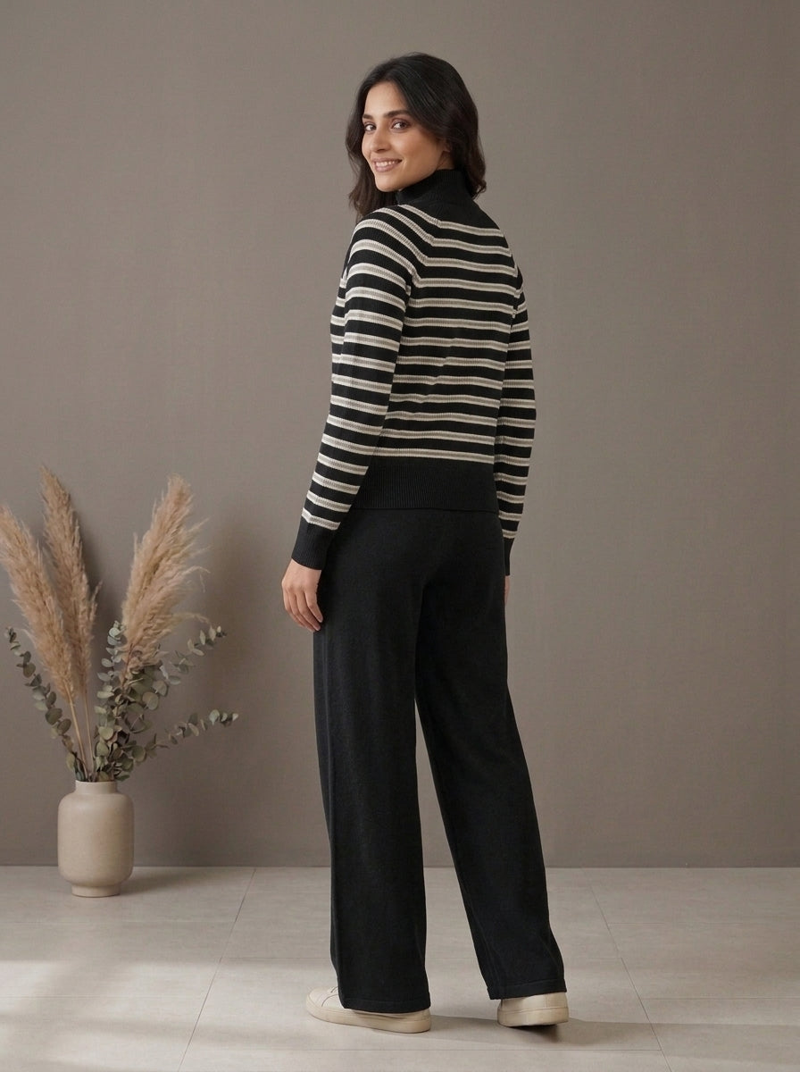 Striped Zip-Front Knit Cardigan with Trousers