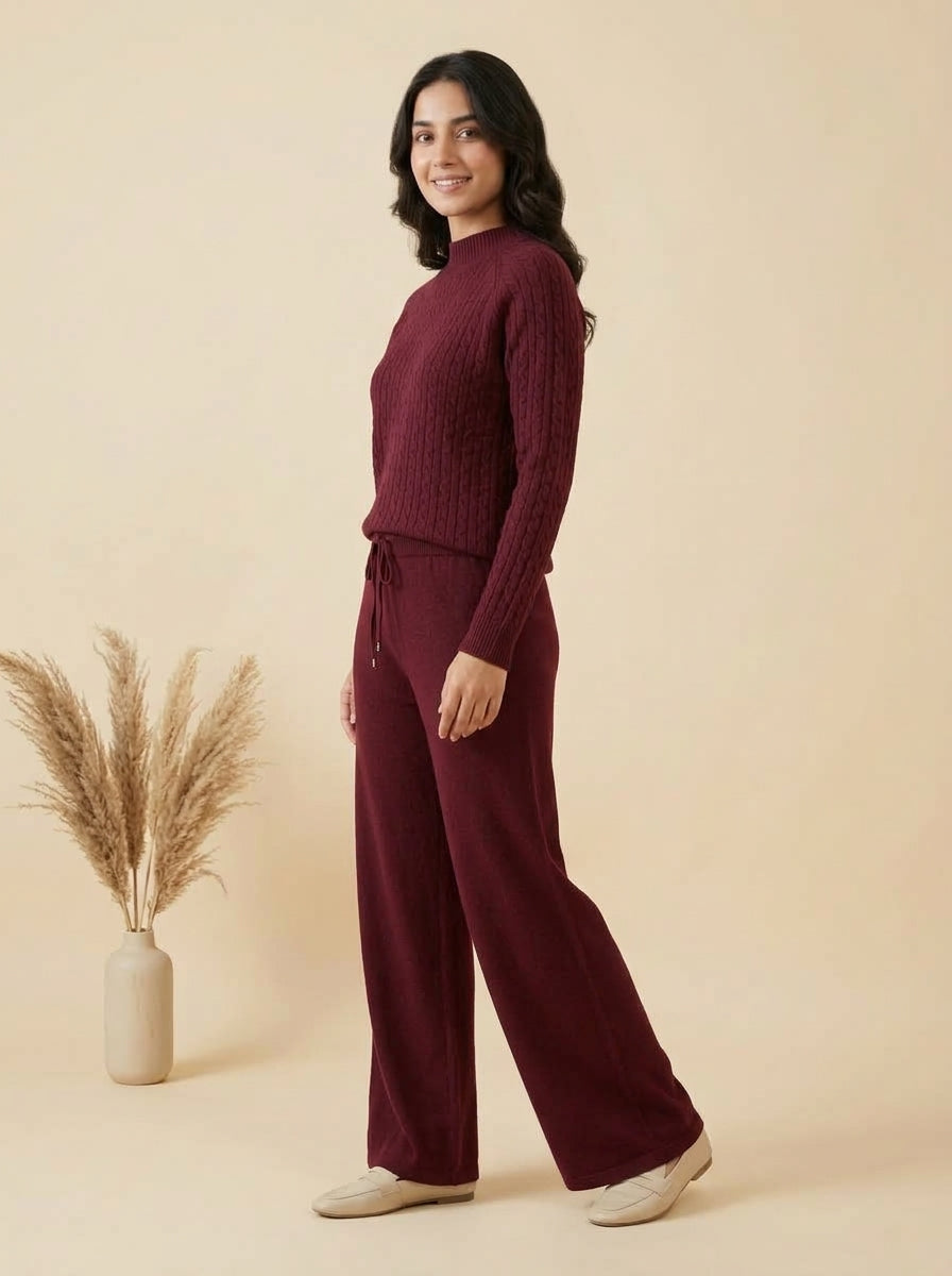 Cable-Knit Mock Neck Sweater & Drawstring Wide-Leg Trouser 2-Piece Co-ord Set