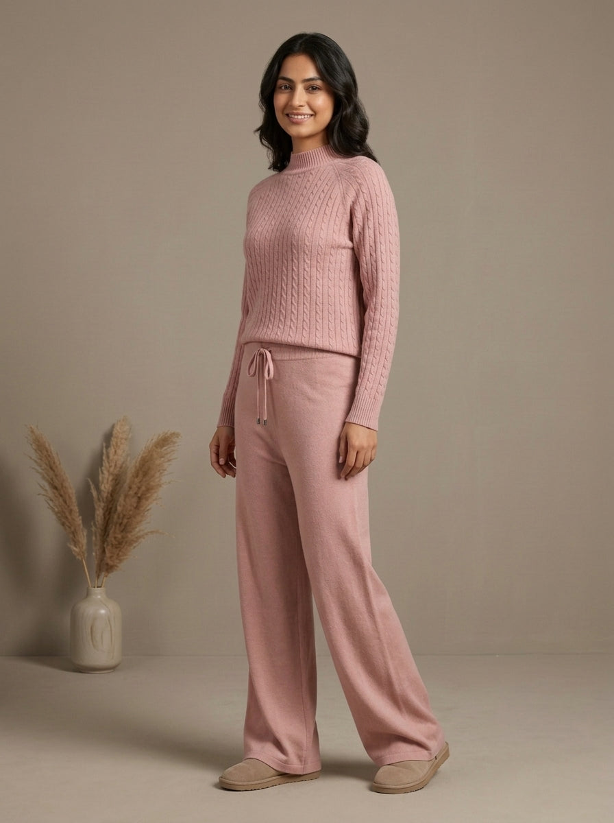 Cable-Knit Mock Neck Sweater & Drawstring Wide-Leg Trouser 2-Piece Co-ord Set