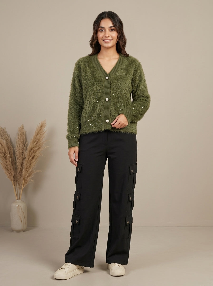 Pearl Embellished Plush Knit Cardigan