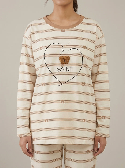 Bear Embellished Striped Lounge Set