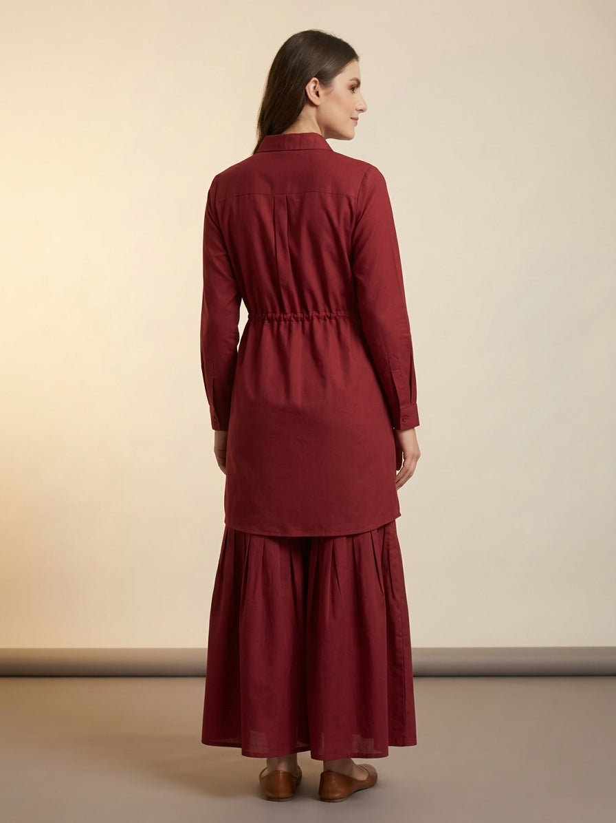 Maroon Embroidered Shirt Dress Set