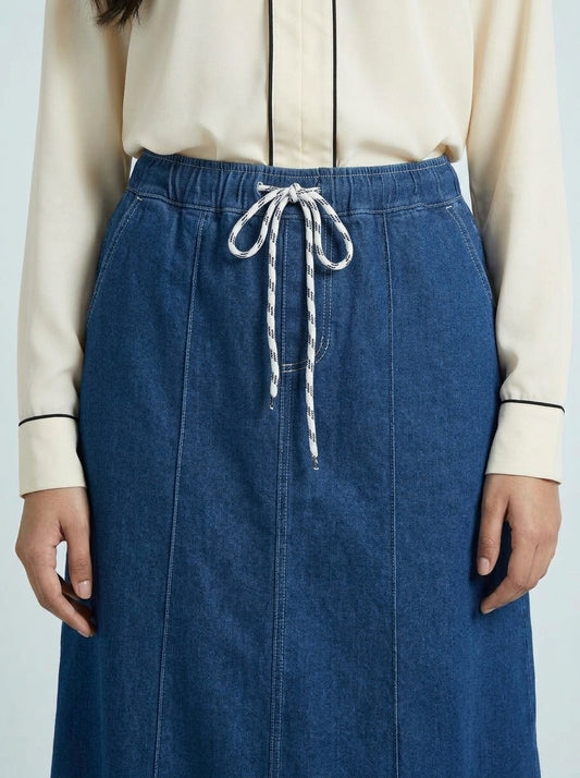 Drawstring Denim Maxi Skirt