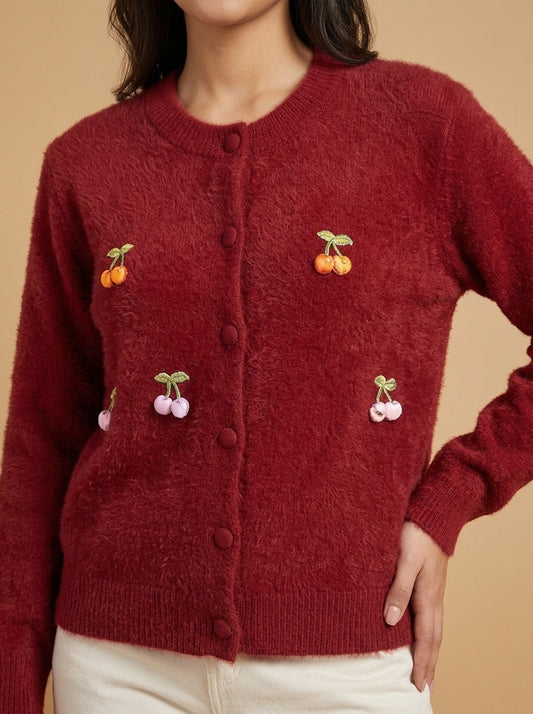 Cherry Embellished Plush Knit Cardigan