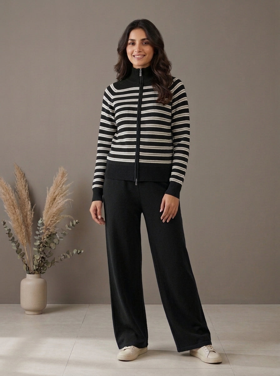 Striped Zip-Front Knit Cardigan with Trousers