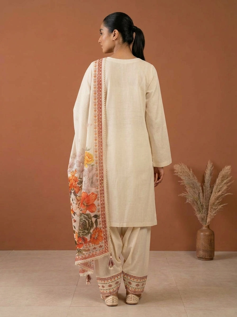 Embroidered 3-Piece Suit Set with Floral Dupatta