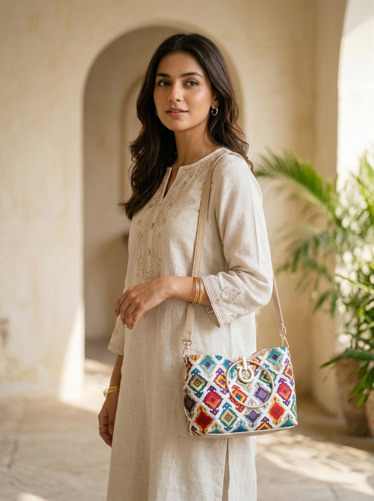 Ethnic Printed Ring Handle Handbag